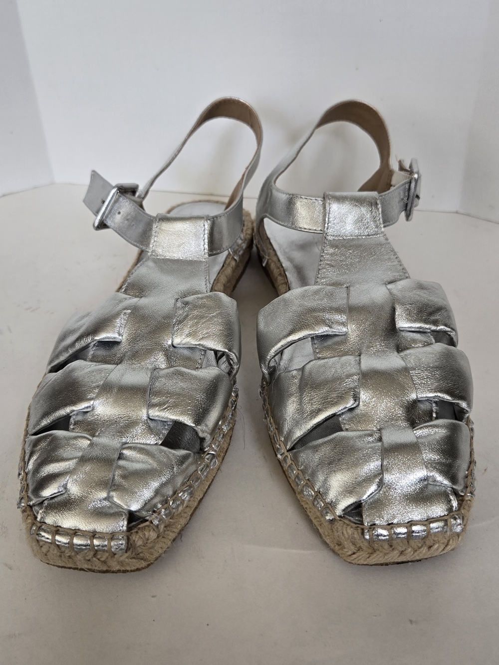 Bernardo Silver Woven Espadrille Sandals with Ankle Strap Fisherman Style